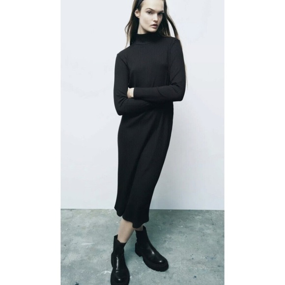 Zara Knit Sweater dress Maxi Black Ribbed Stretch Minimalist Turtleneck Sz L - Picture 3 of 13